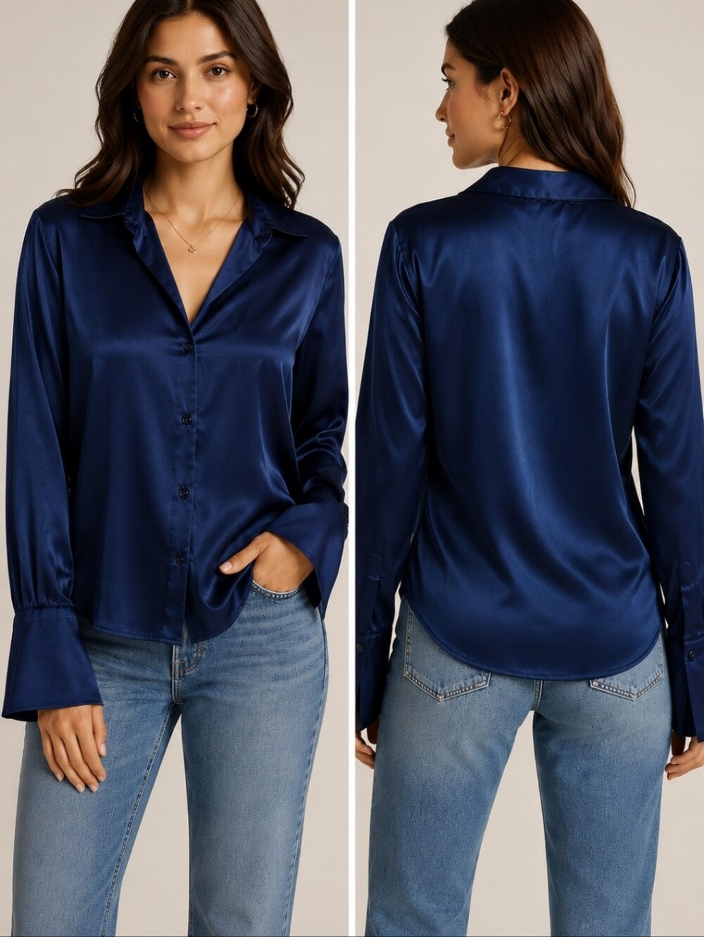 Abercrombie & Fitch Navy Satin Button Front Blouse Quiet Luxury Silk Feel Small